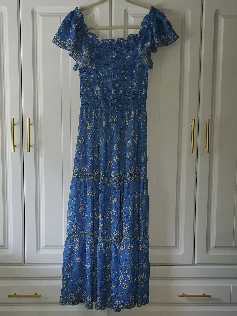 Max Studio Blue Floral Off-Shoulder Smocked Tiered Maxi Dress